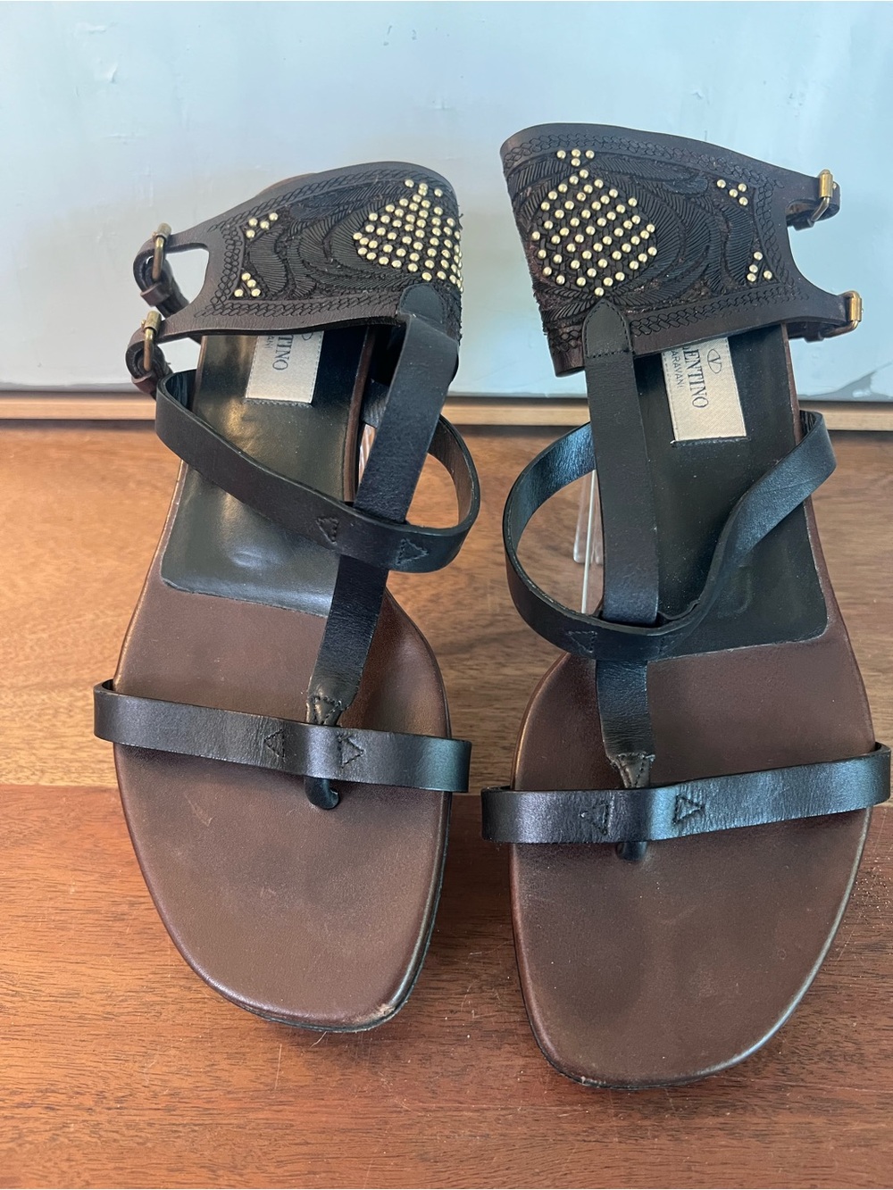 Valentino Black Leather Studded Ankle-Strap Sandals with Gold Accents